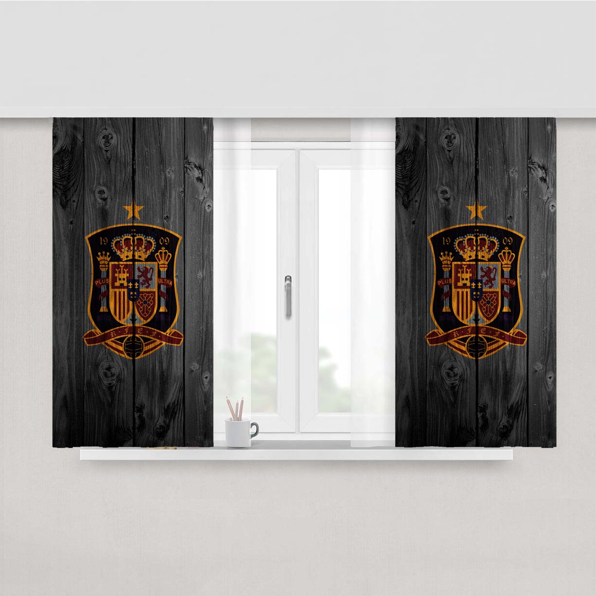 Spain National Team Logo Dark Wood Wallpaper Peach Skin Window Curtains