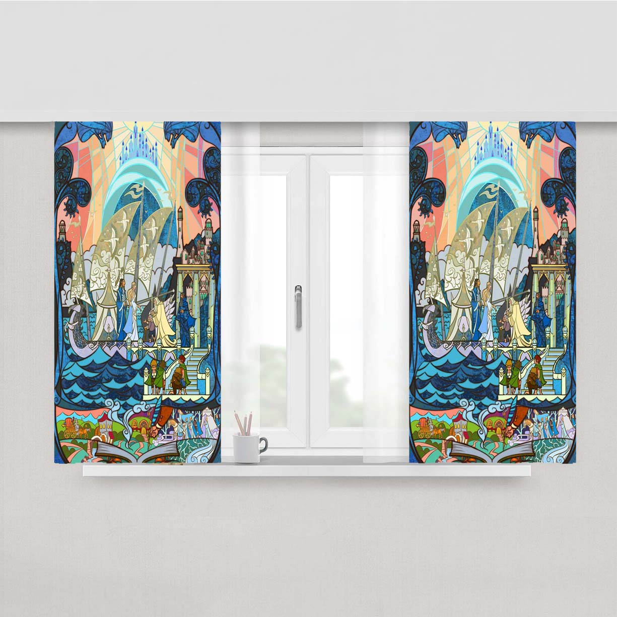 Stained Glass Inspired Art Grey Havens Middle Earth Elves Peach Skin Window Curtains