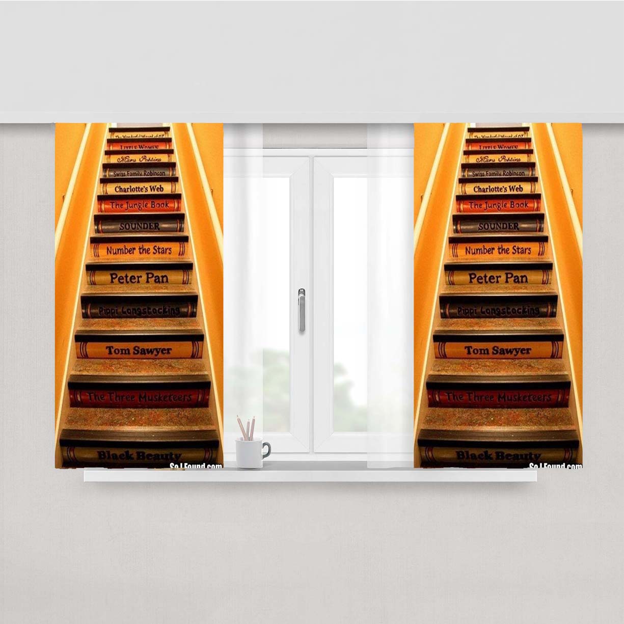 Stairs Bookshelf Peach Skin Window Curtains