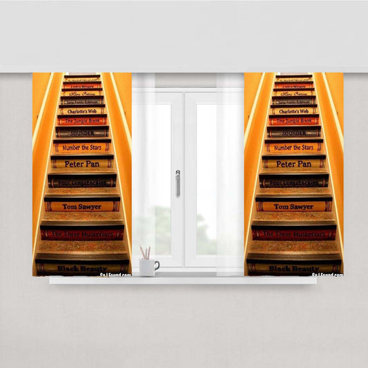 Stairs Bookshelf Peach Skin Window Curtains