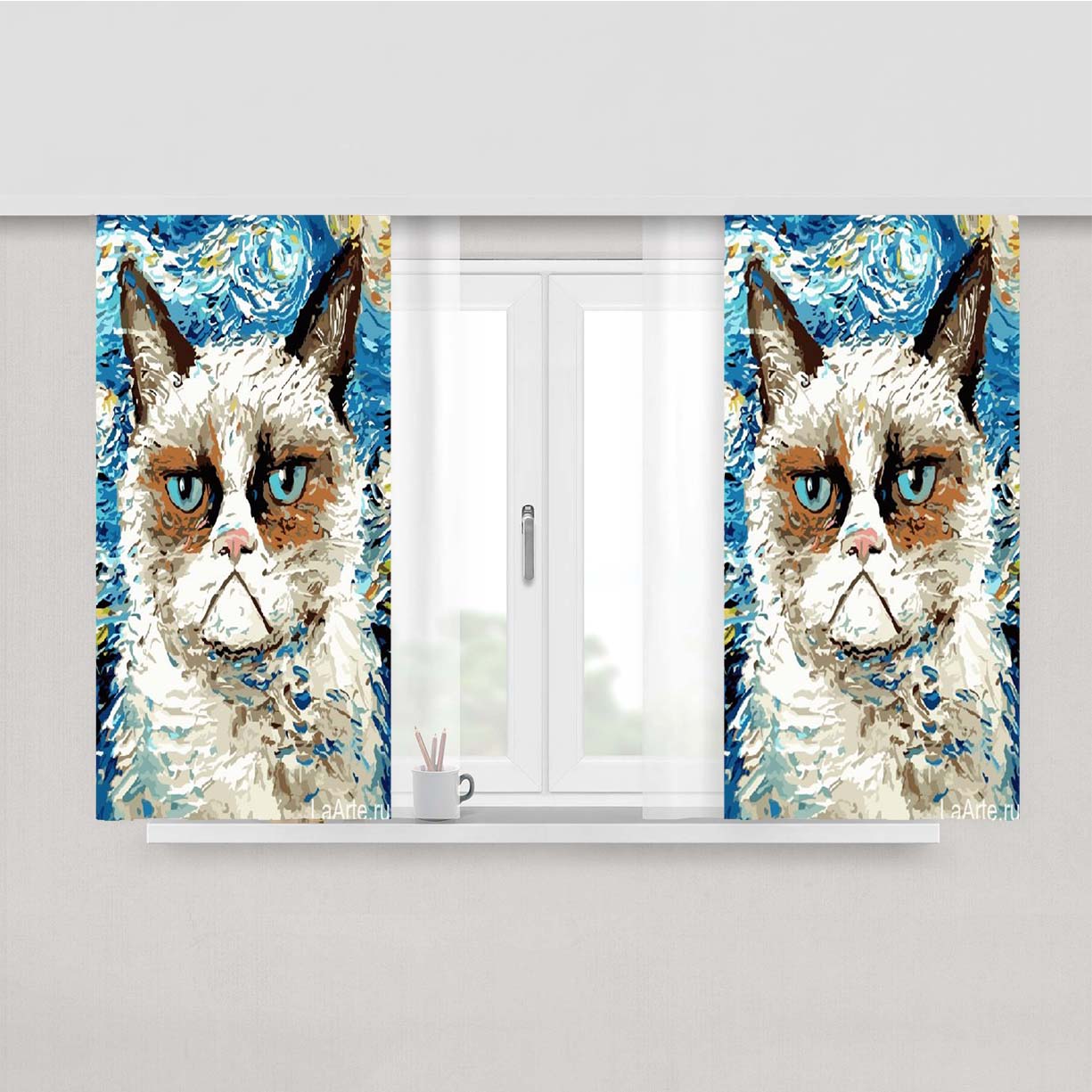 Starry Night Grumpy Cat Peach Skin Window Curtains