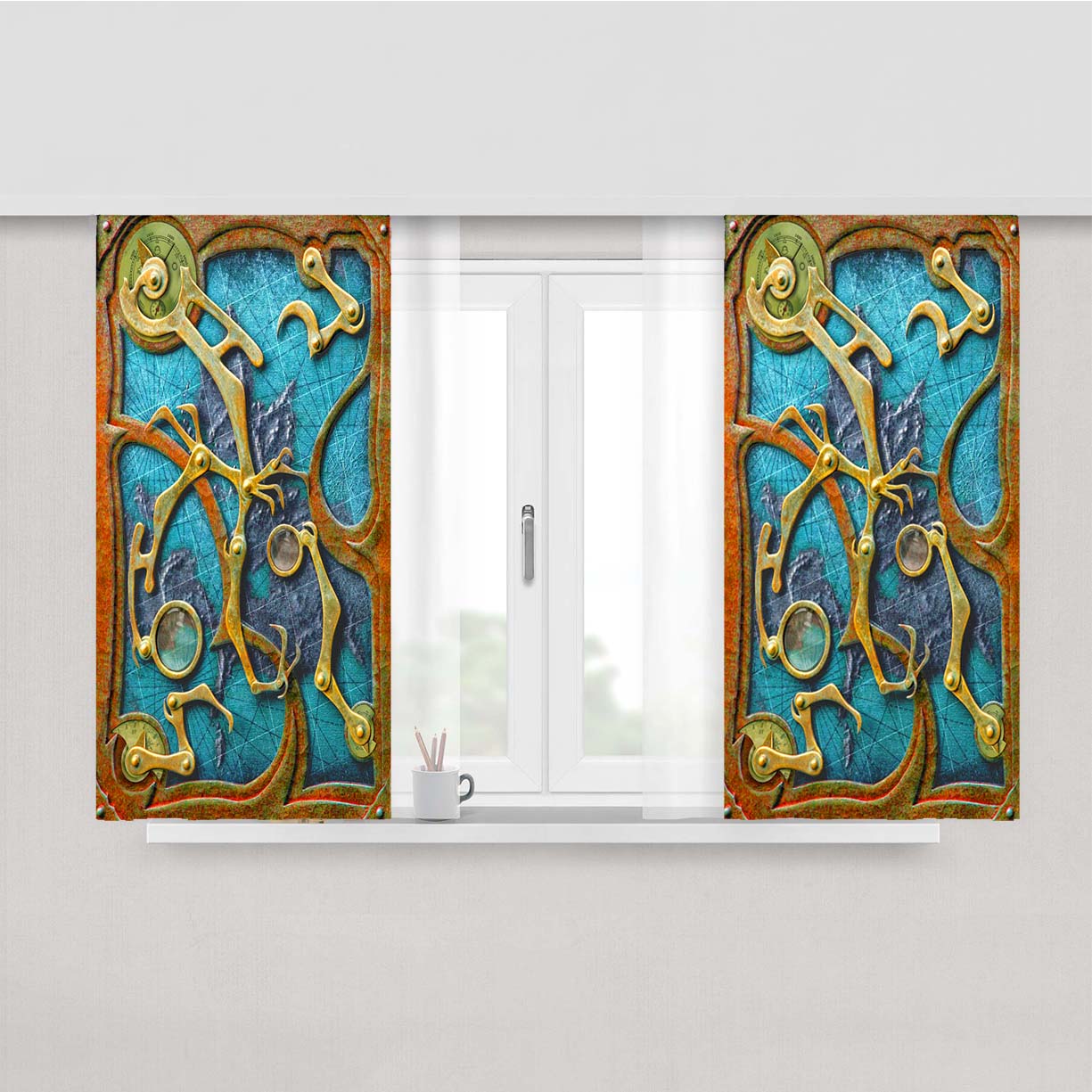 Steampunk Blue Book Peach Skin Window Curtains