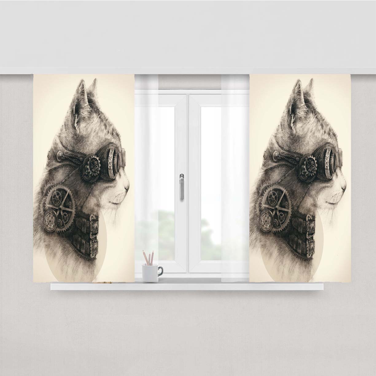 Steampunk Cat Peach Skin Window Curtains