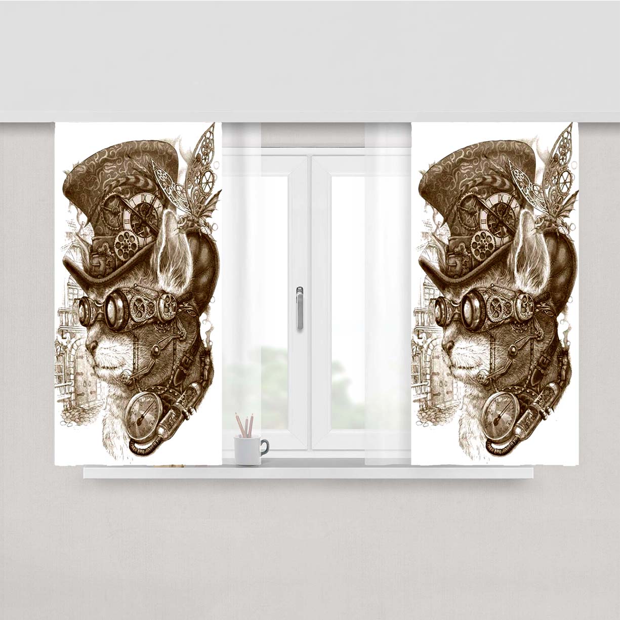 Steampunk Cat Drawings Vintage Peach Skin Window Curtains