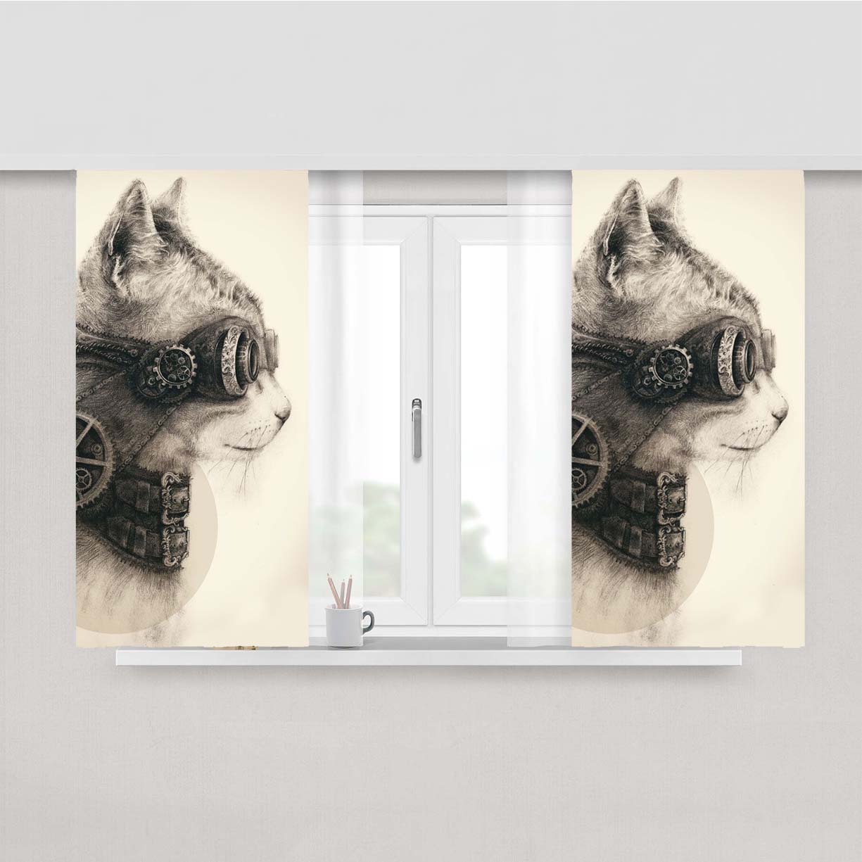 Steampunk Cat Eyeglasses Peach Skin Window Curtains