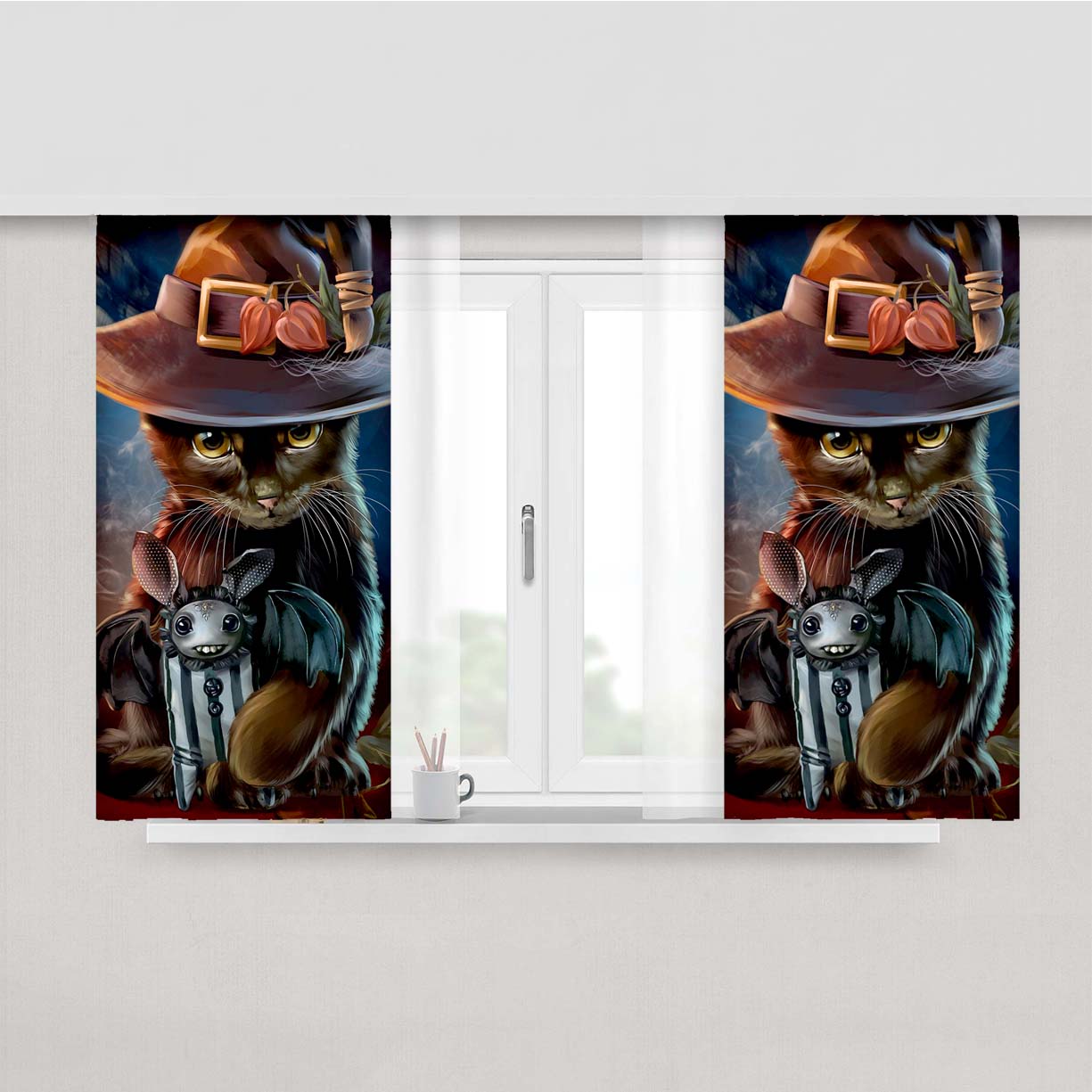 Steampunk Cat Halloween Peach Skin Window Curtains