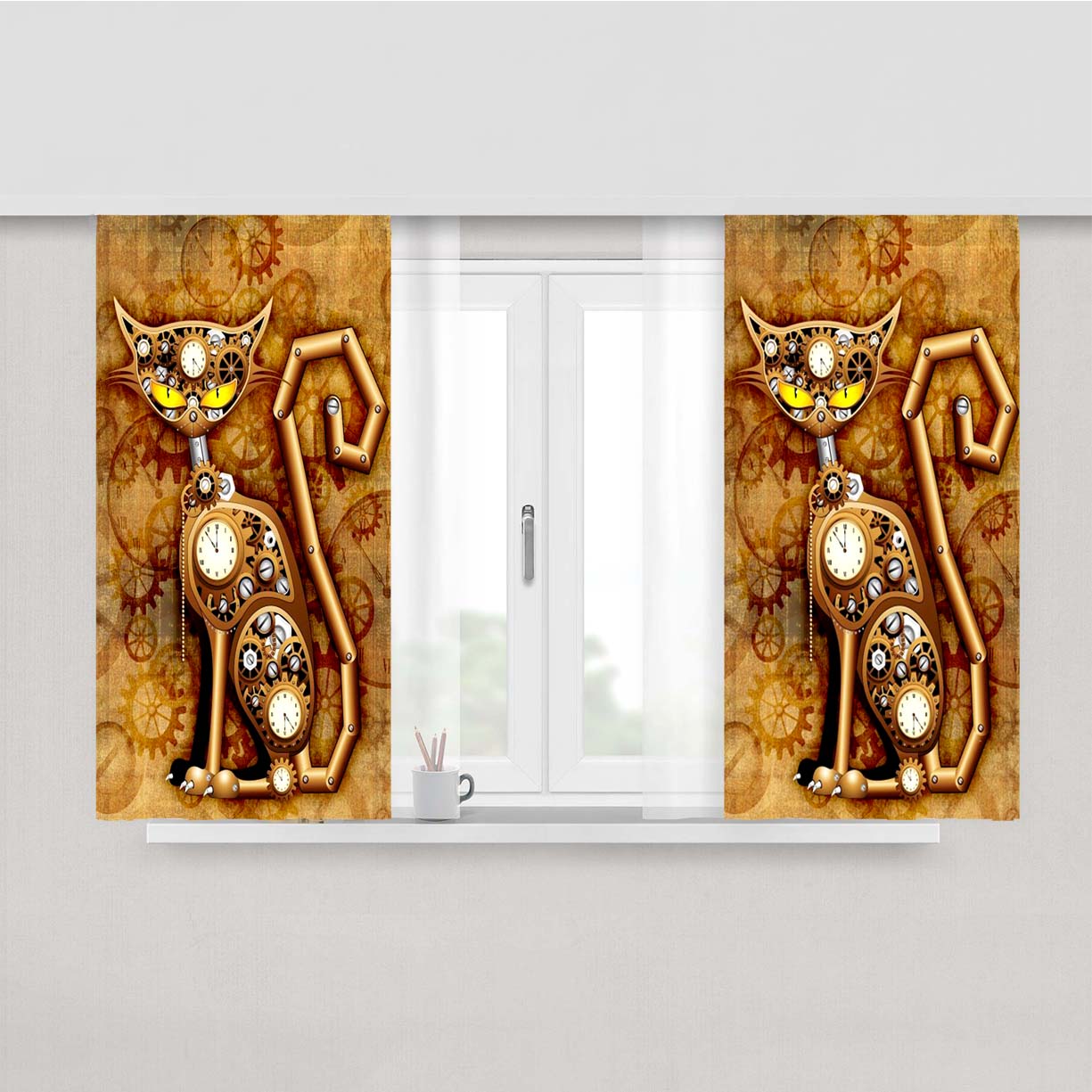 Steampunk Cat Vintage Style Peach Skin Window Curtains