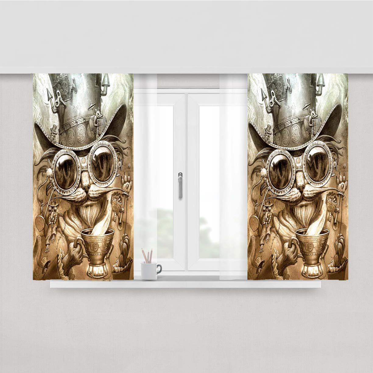 Steampunk Cat Vintage Tea Party Peach Skin Window Curtains