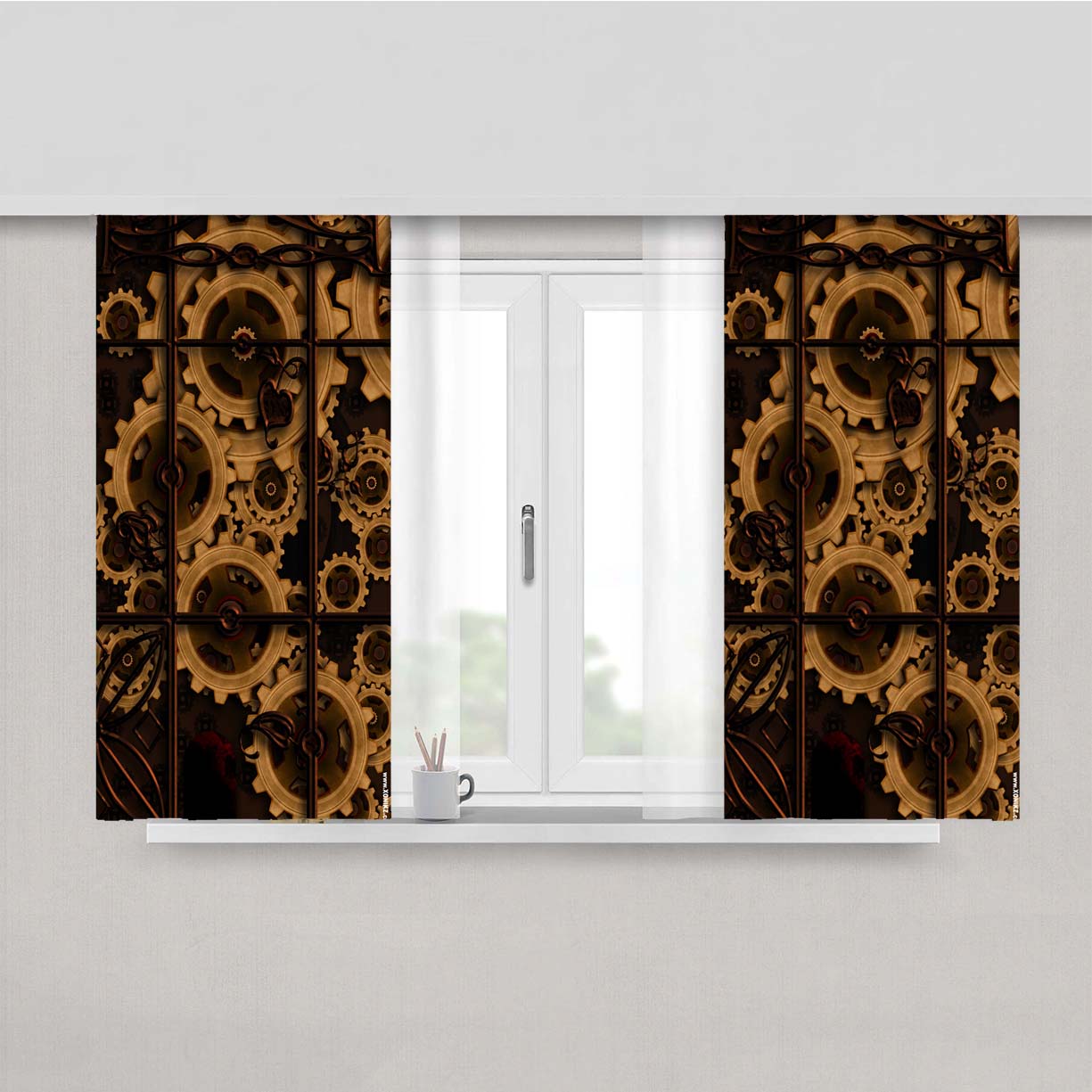 Steampunk Gears Peach Skin Window Curtains