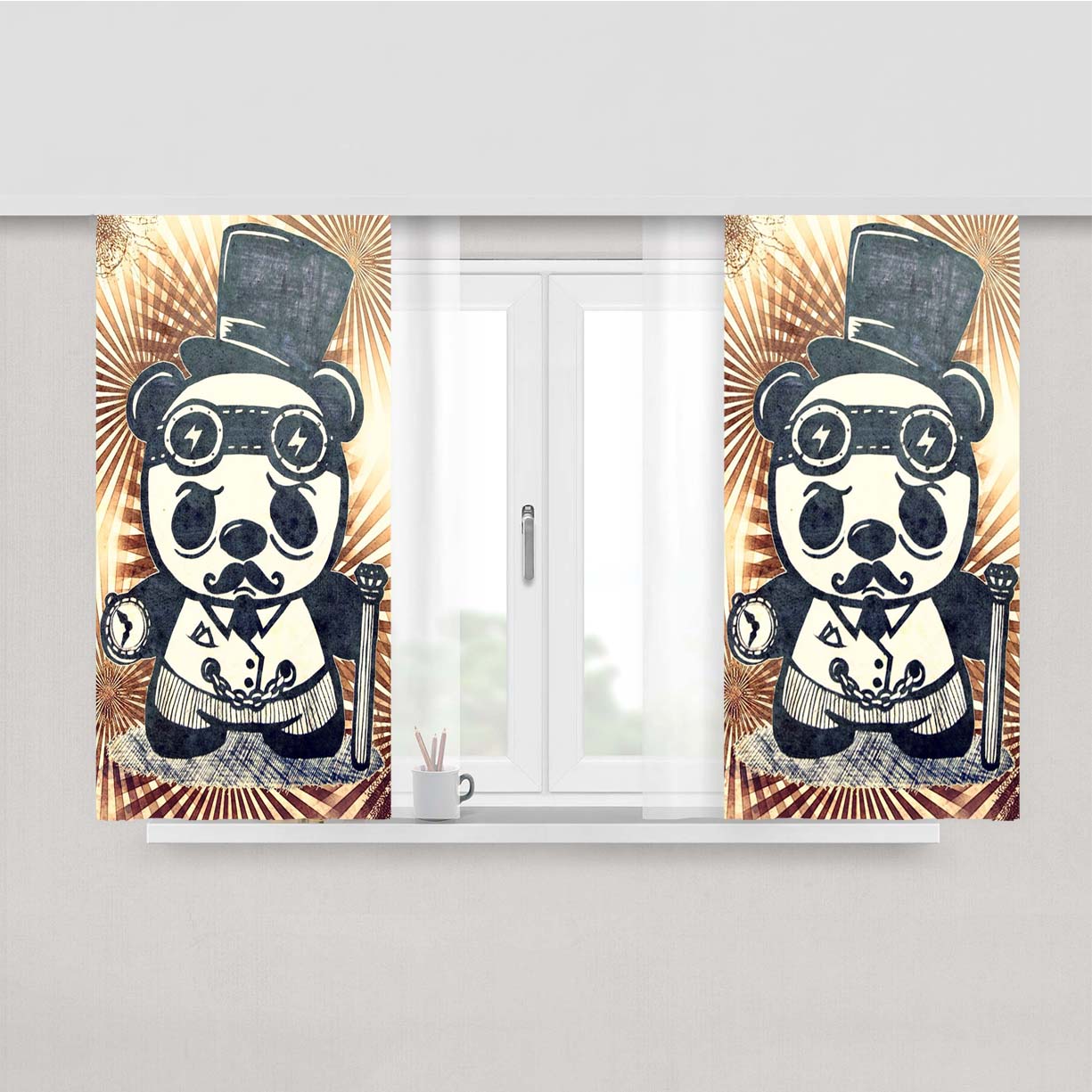 Steampunk Panda Art Peach Skin Window Curtains