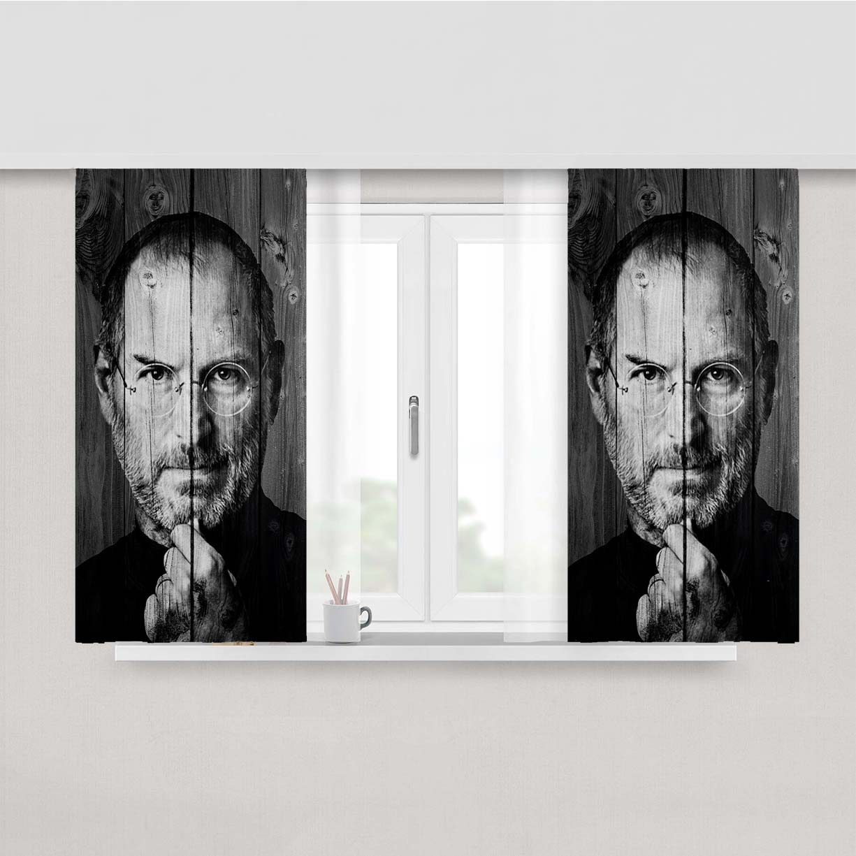Steve Jobs Apple Mac Dark Wood Wallpaper Peach Skin Window Curtains
