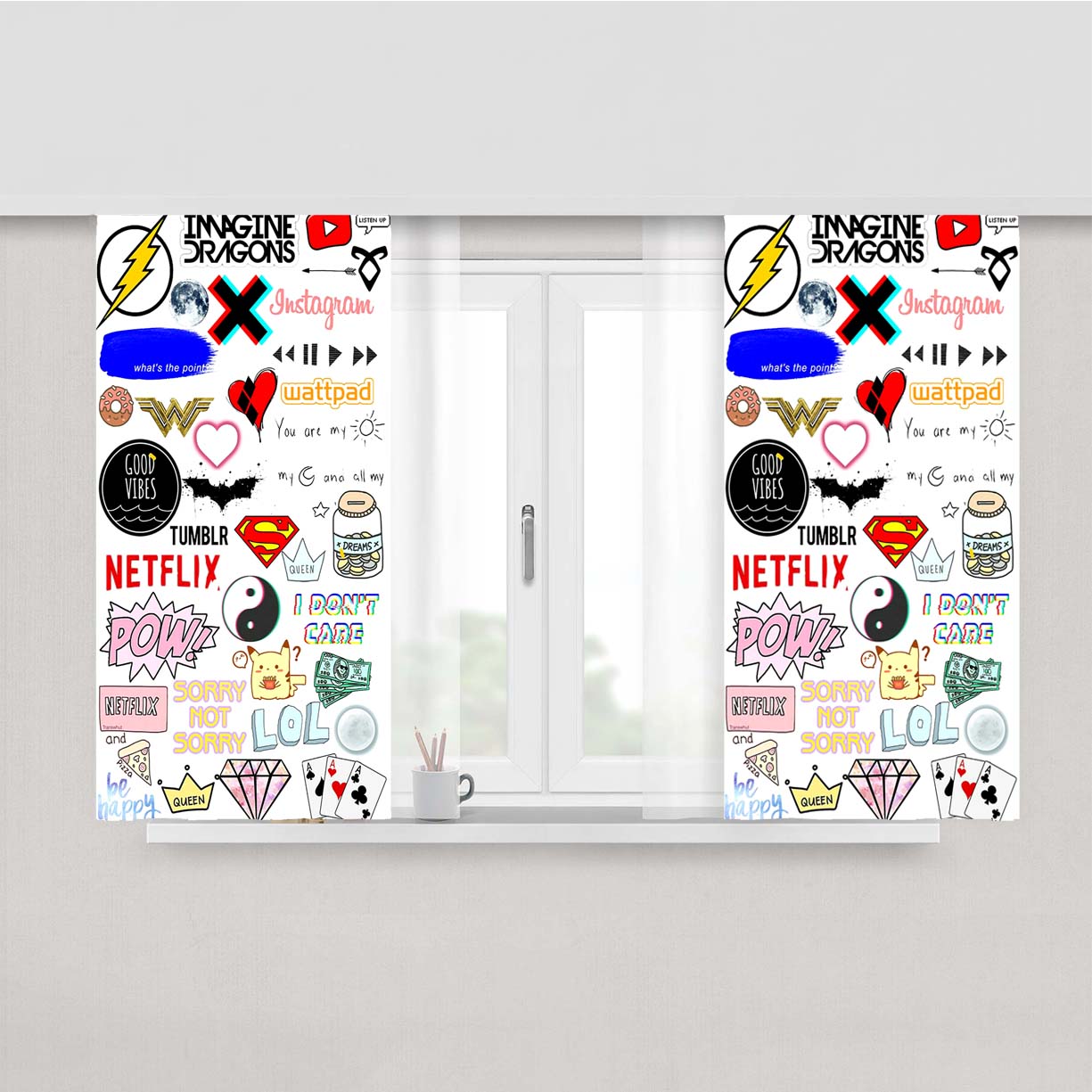 Sticker Bomb Wallpaper Peach Skin Window Curtains