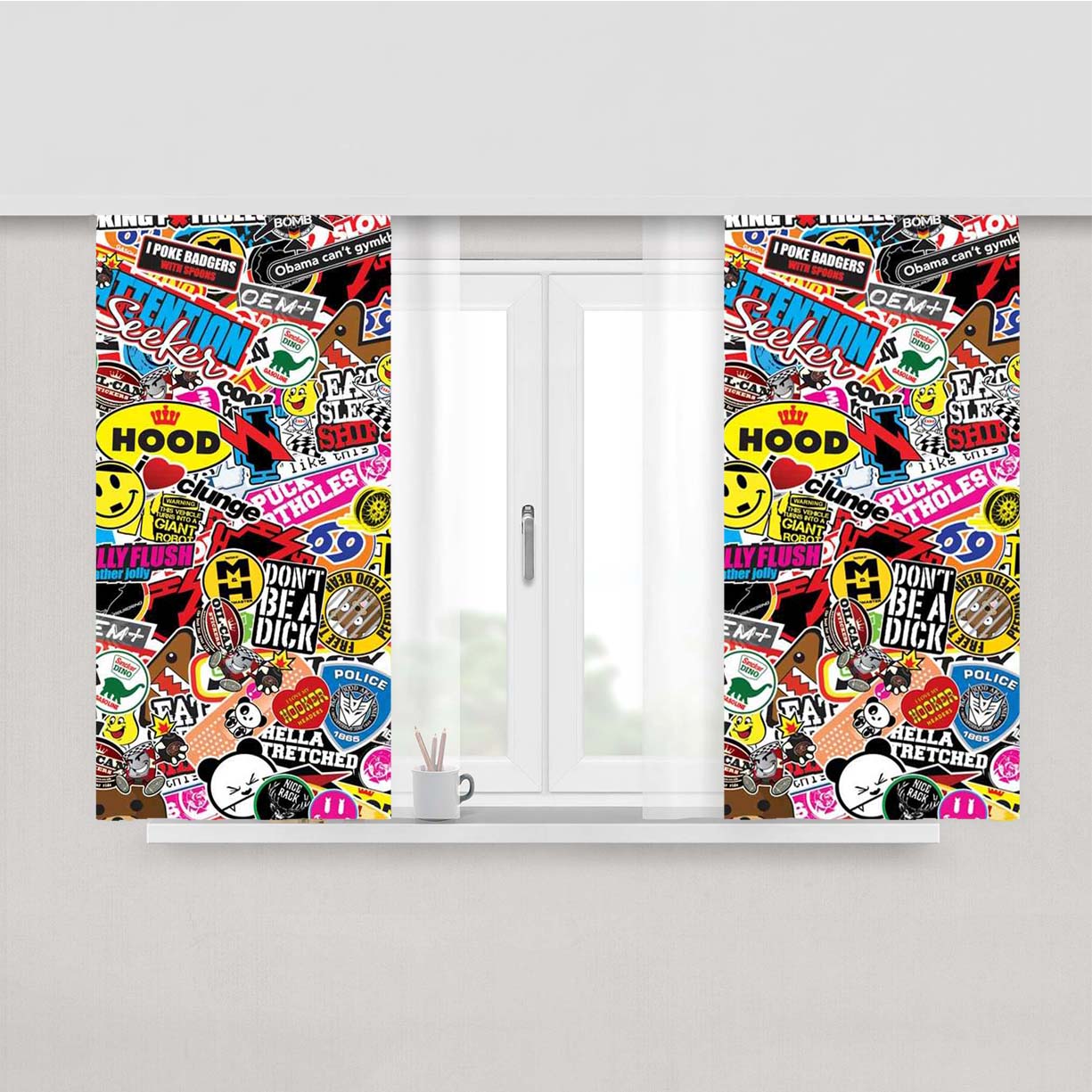 Stickerbomb Graffiti Art Collage Cool Peach Skin Window Curtains