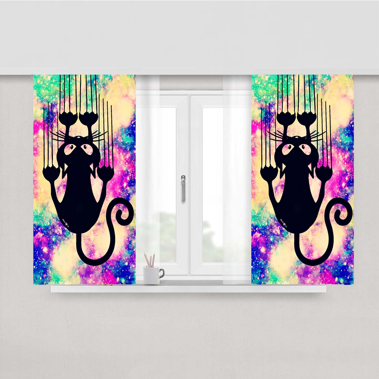 Stratching Cat Nebula Peach Skin Window Curtains