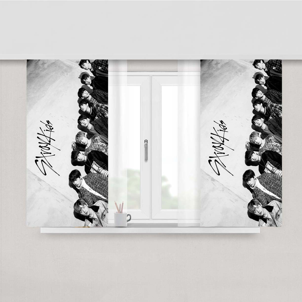Stray Kids Black And White Wallpaper Peach Skin Window Curtains
