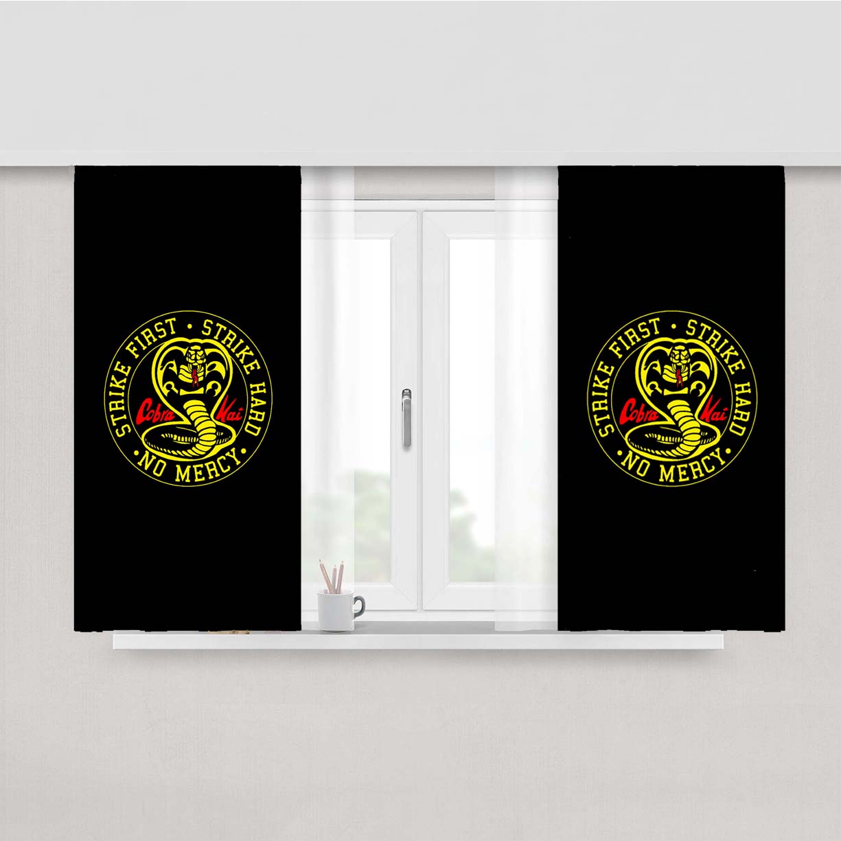Strike First Strike Hard No Mercy Cobra Kai Peach Skin Window Curtains