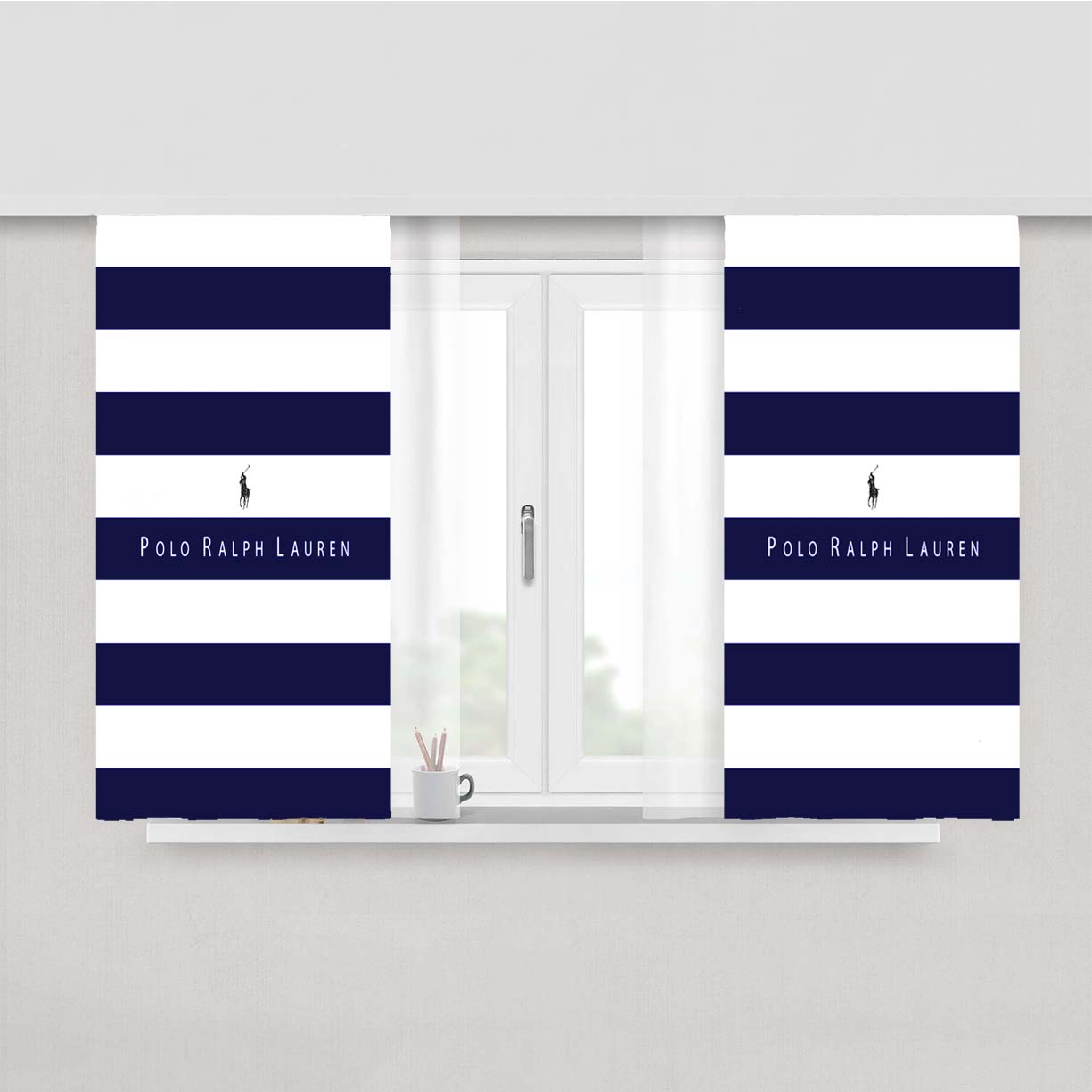Stripe White Blue Polo Ralph Lauren Logo Peach Skin Window Curtains