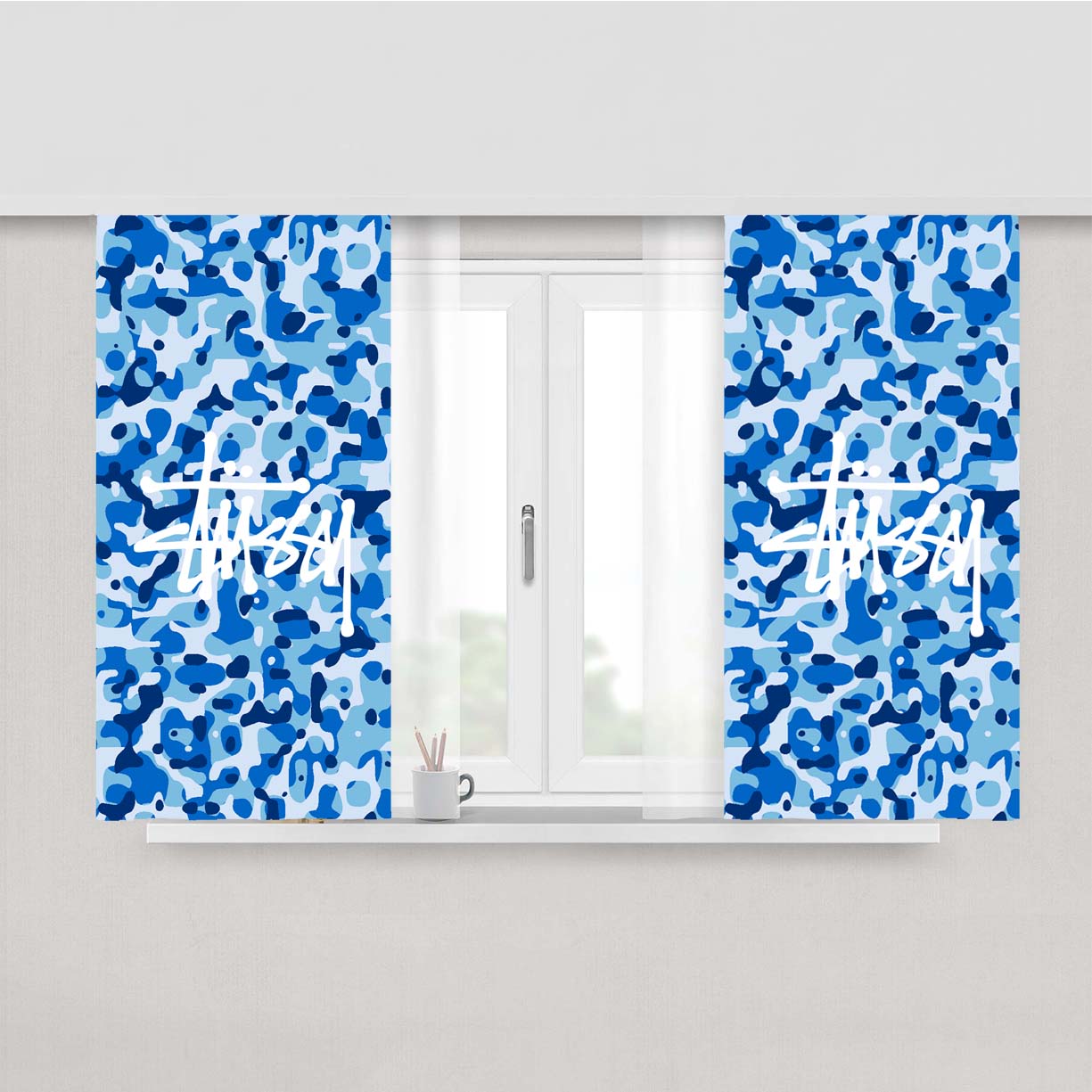 Stussy Bape Camouflage Blue Peach Skin Window Curtains