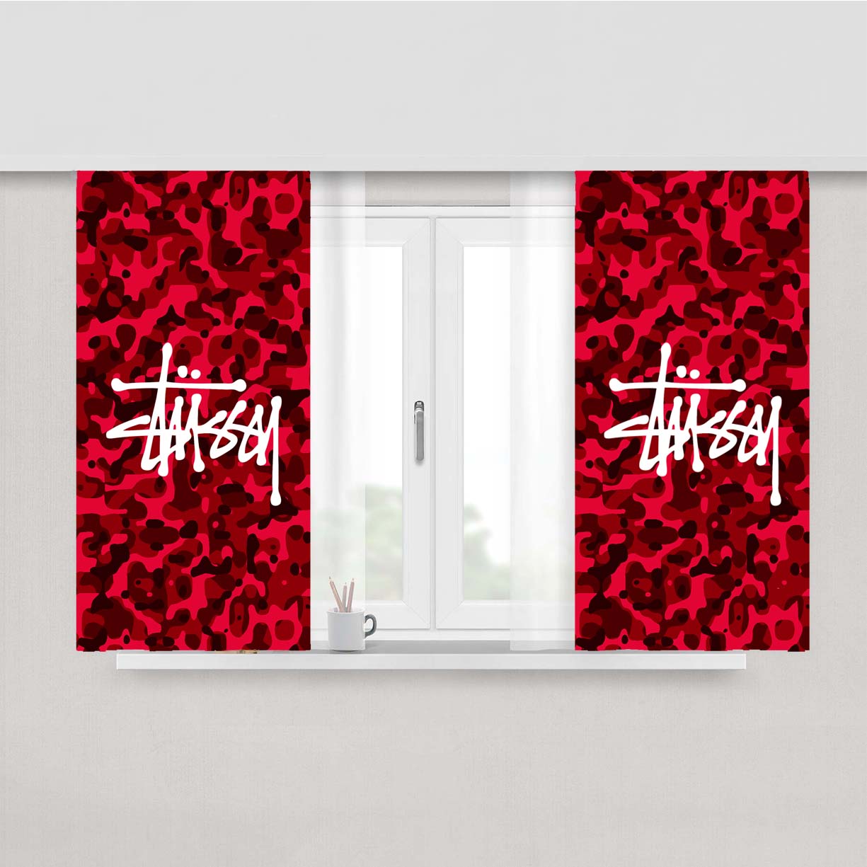 Stussy Bape Camouflage Red Peach Skin Window Curtains