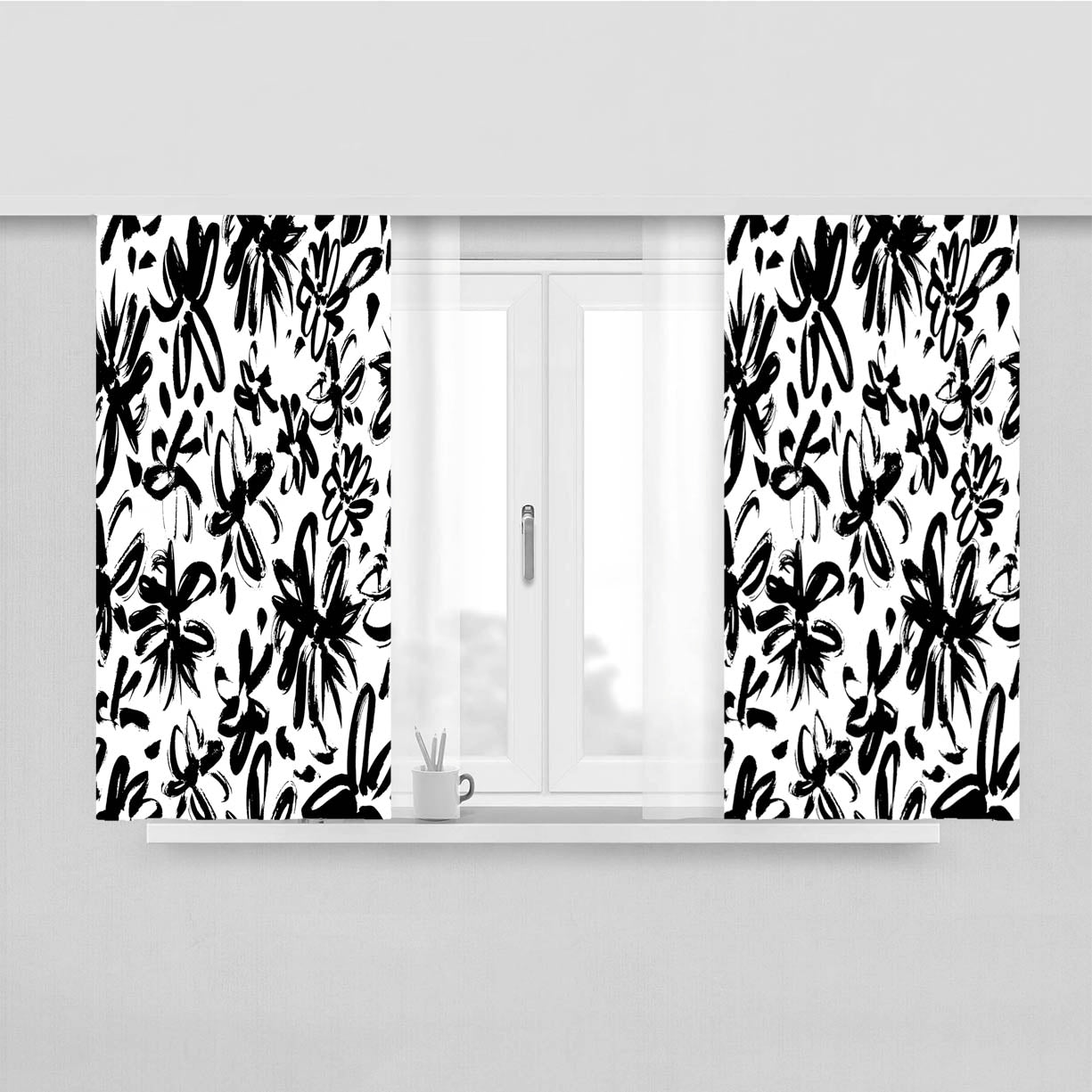 Subtle Painted Flowers Black And Whit Peach Skin Window Curtains
