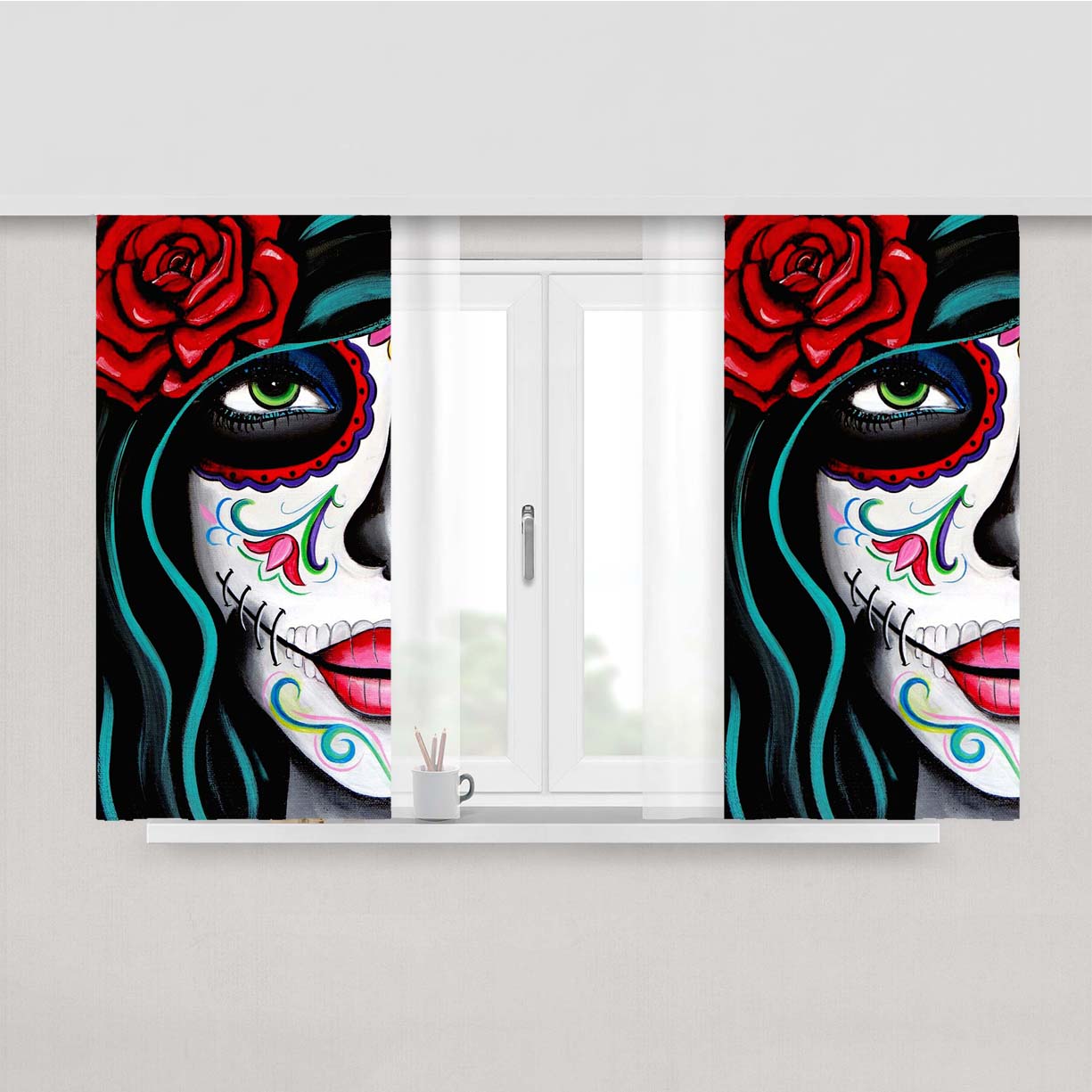 Sugar Skull Acrylic Painting Peach Skin Window Curtains