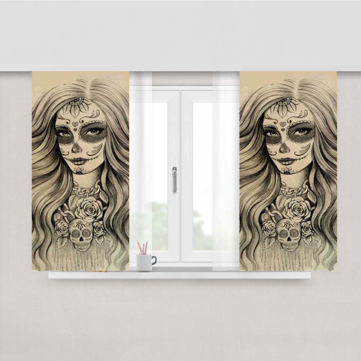 Sugar Skull Lady Peach Skin Window Curtains