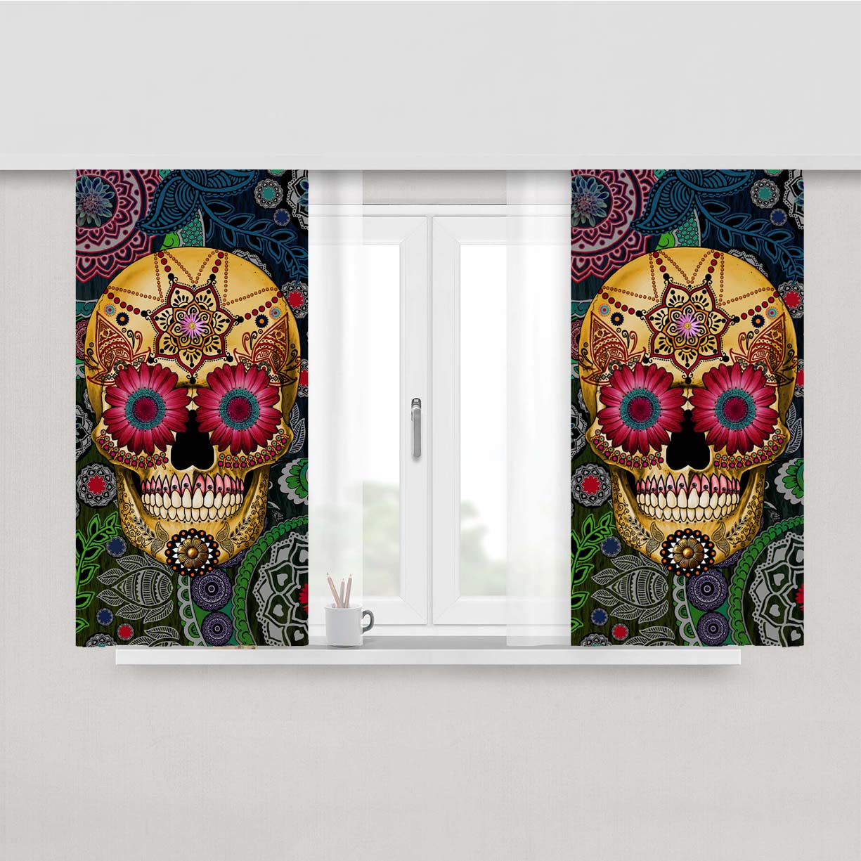 Sugar Skull Paisley Peach Skin Window Curtains