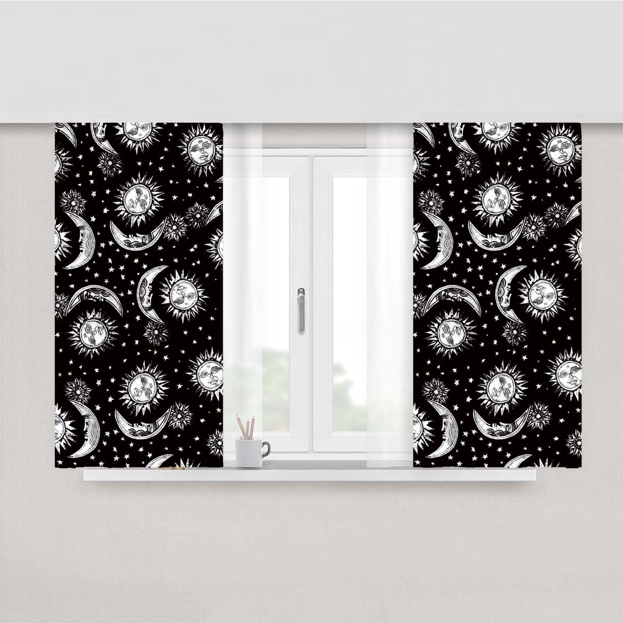 Sun And Moon Black White Pattern Peach Skin Window Curtains
