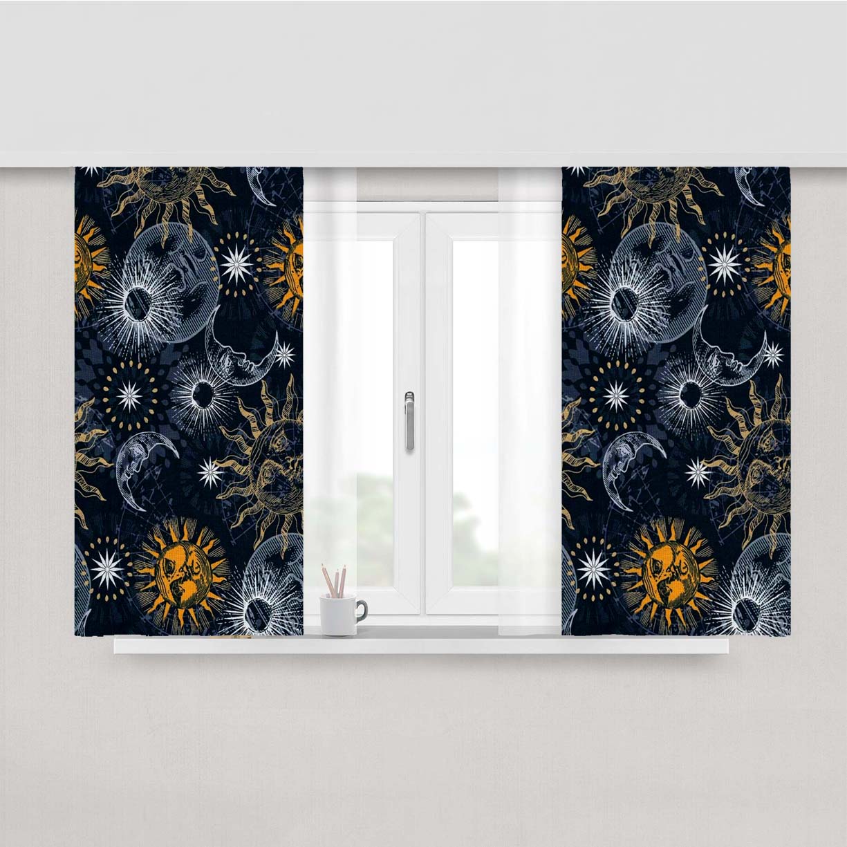 Sun Moon And Stars Silver Charm Peach Skin Window Curtains