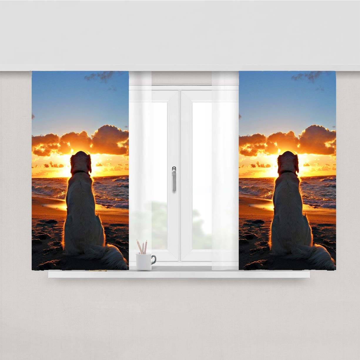 Sunset Beach Dog August Peach Skin Window Curtains