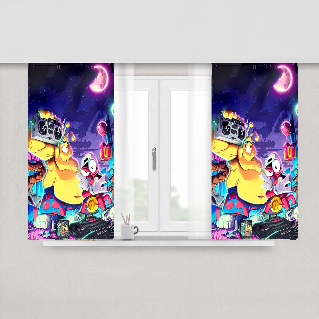 Swag Monster Illustration Peach Skin Window Curtains