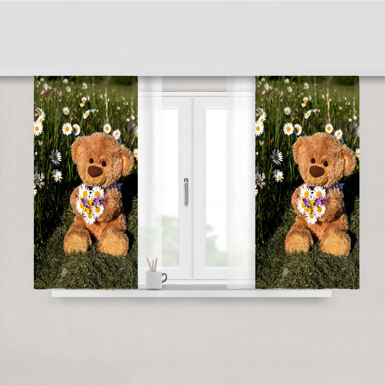 Teddy Bear Travelling Peach Skin Window Curtains
