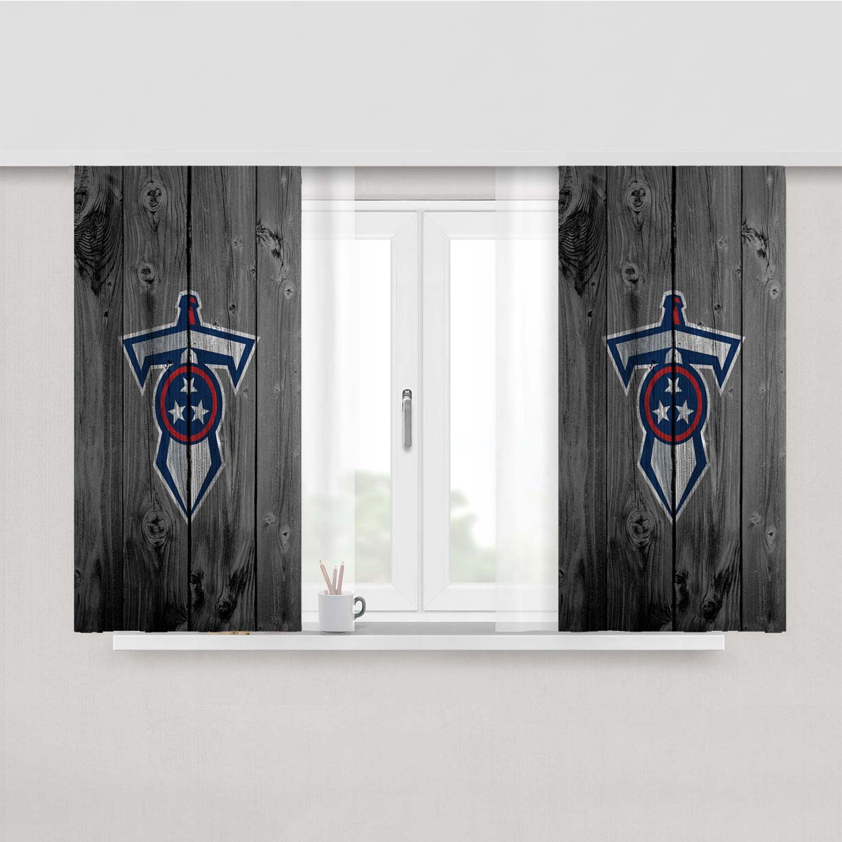 Tennessee Titans Sword Logo Dark Wood Wallpaper Peach Skin Window Curtains
