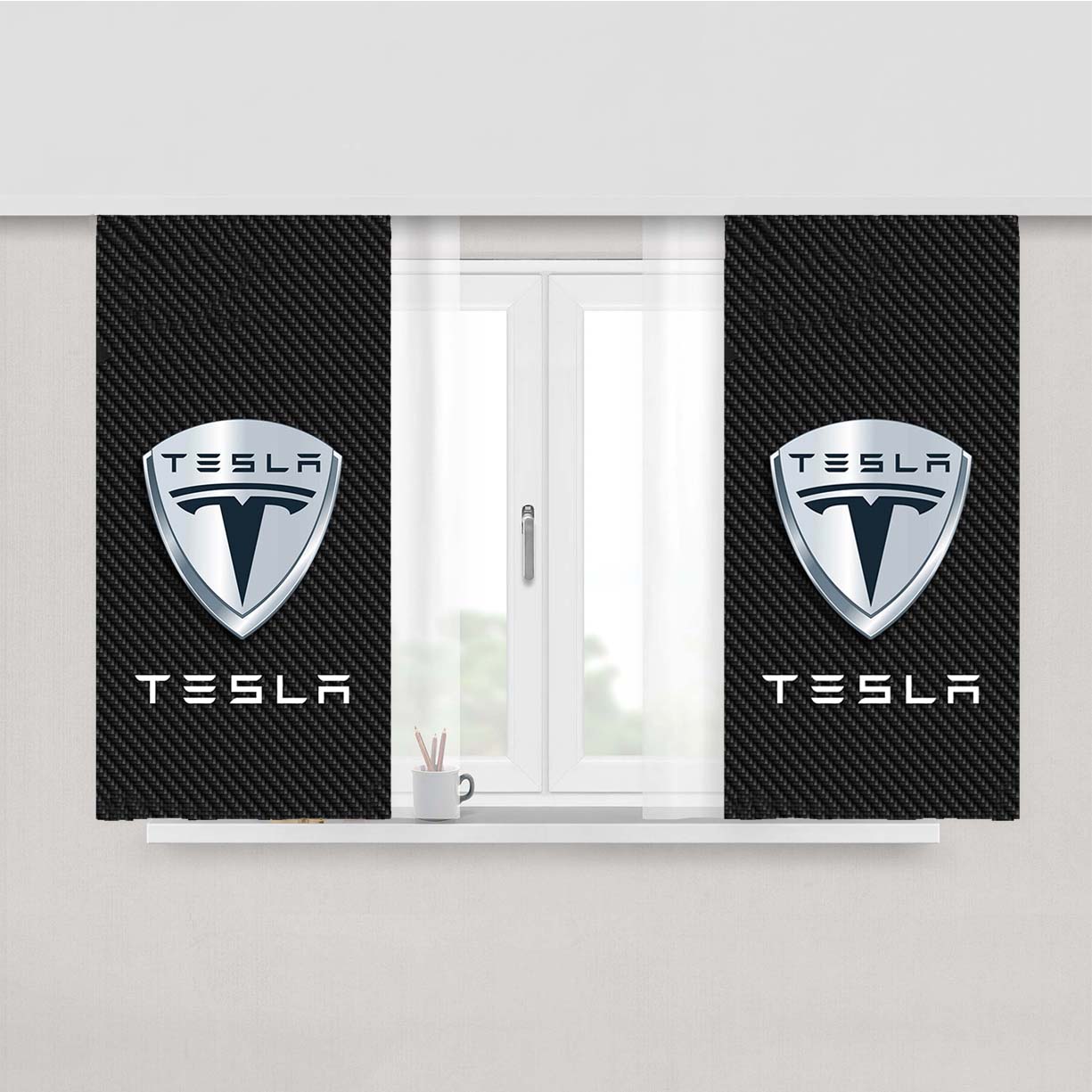 Tesla Logo Carbon Peach Skin Window Curtains