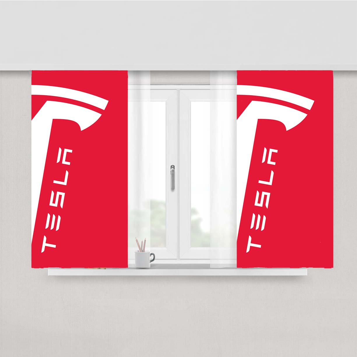Tesla Red White Minimalist Logo Peach Skin Window Curtains
