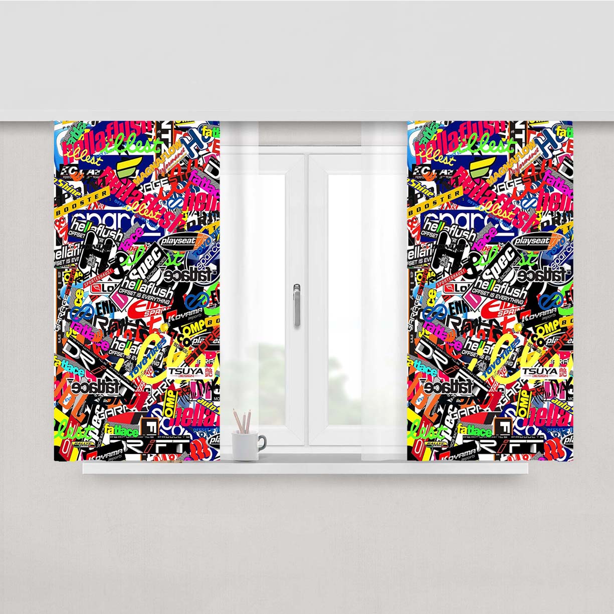 Text Sticker Bomb Collage Peach Skin Window Curtains