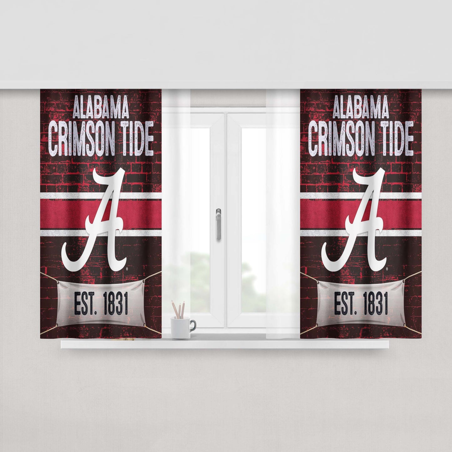 Alabama Crimson Tide Elephant Logo Dark Wood Wallpaper Peach Skin Window Curtains