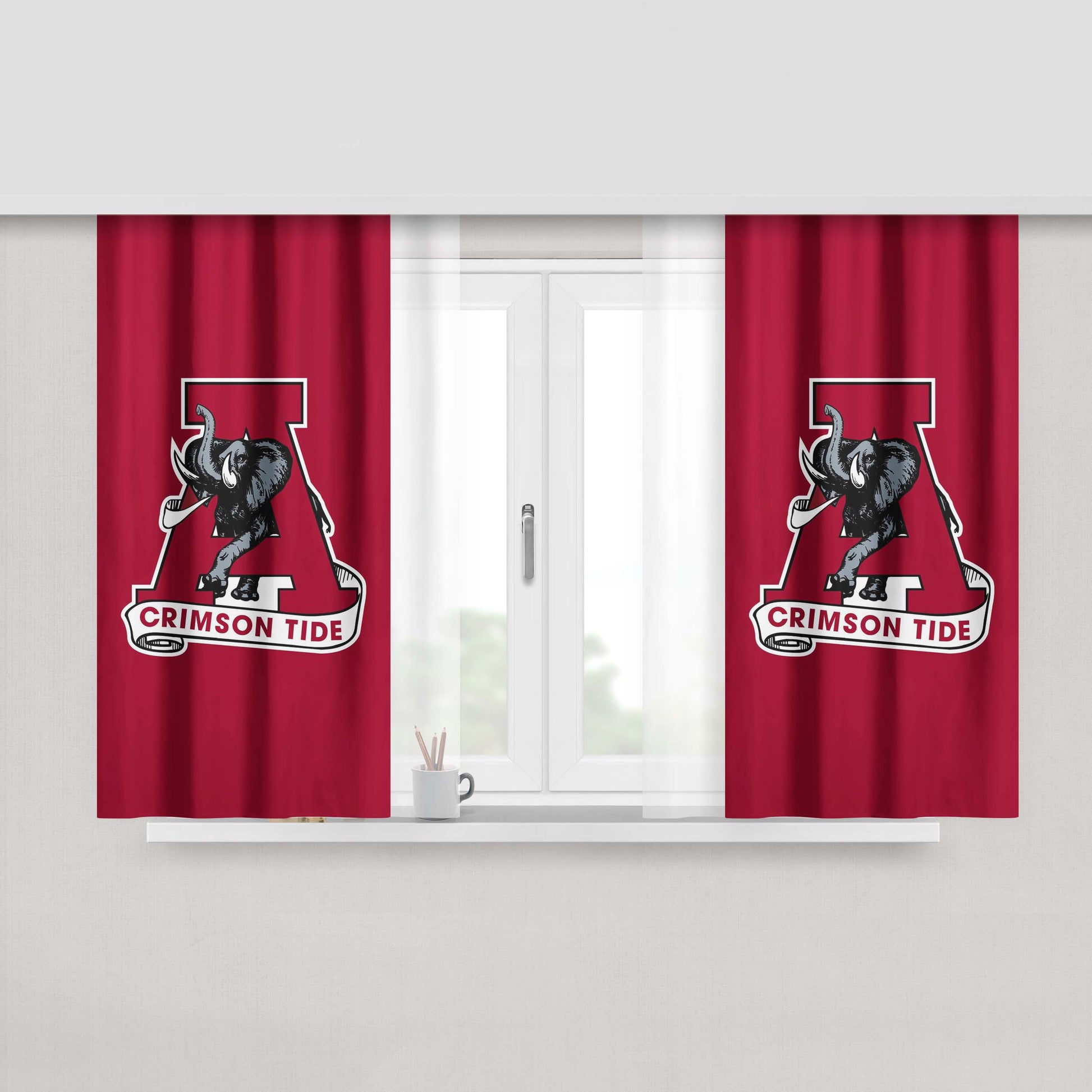 Alabama Crimson Tide University Elephant Logo Dark Wood Wallpaper Peach Skin Window Curtains