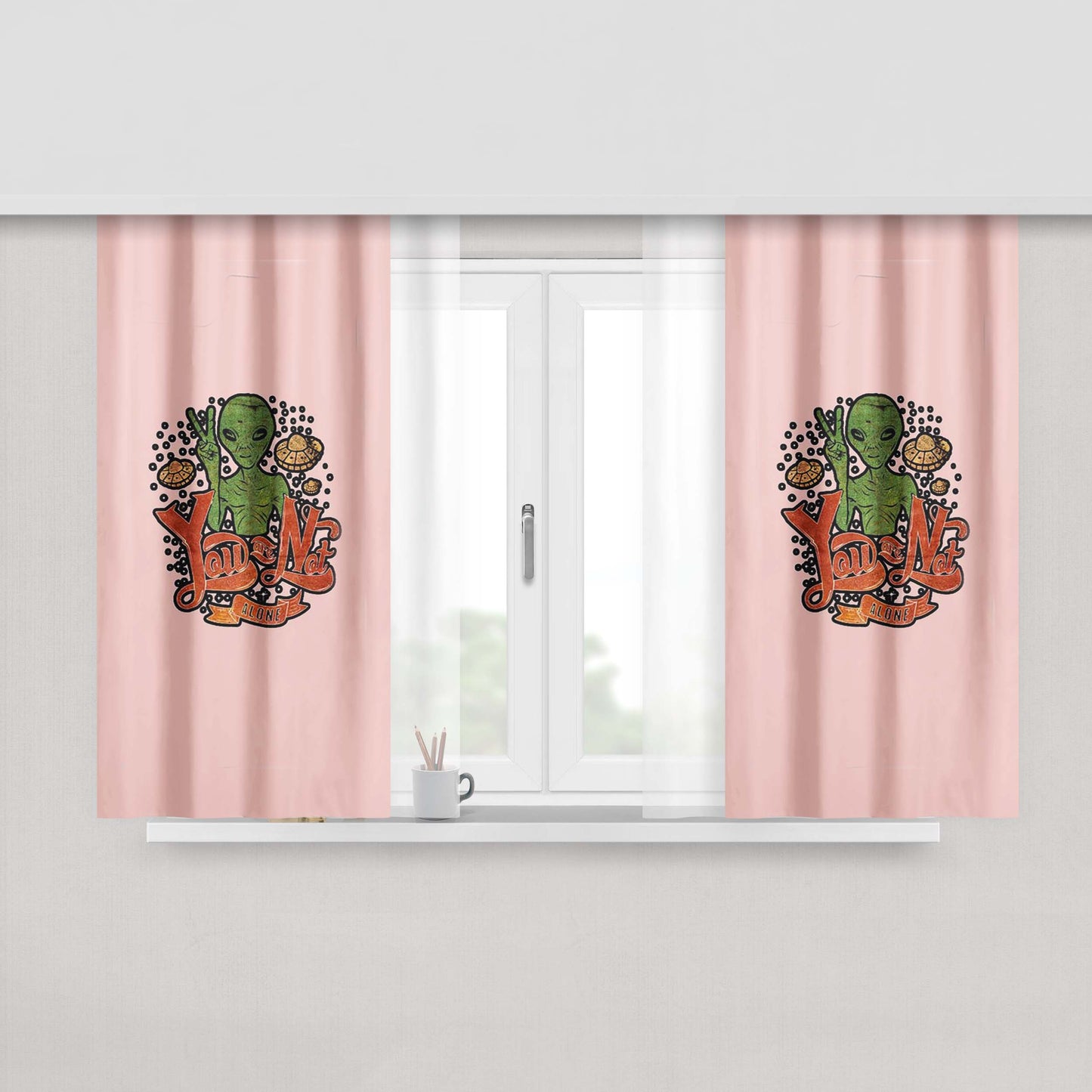 Alien Head Peace Not Alone Abduction Ufo Tumblr Peach Skin Window Curtains