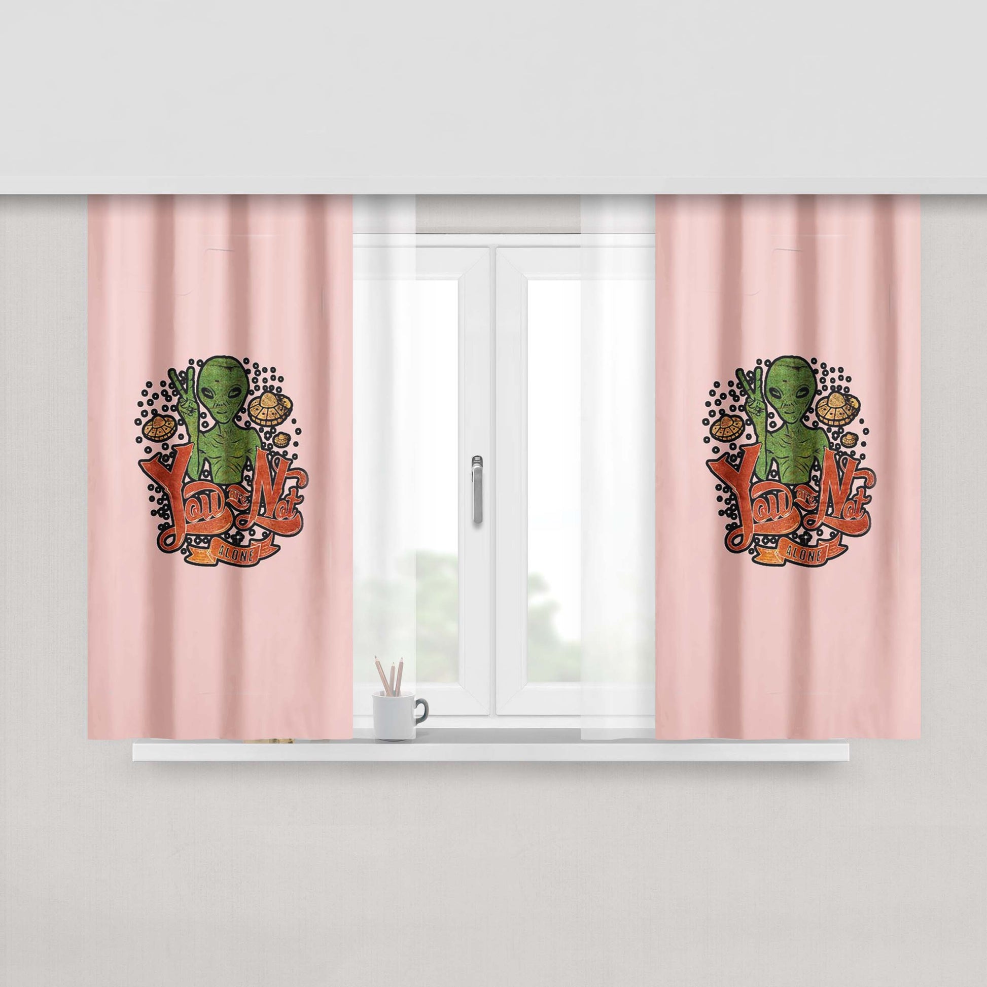 Alien Head Peace Not Alone Abduction Ufo Tumblr Peach Skin Window Curtains