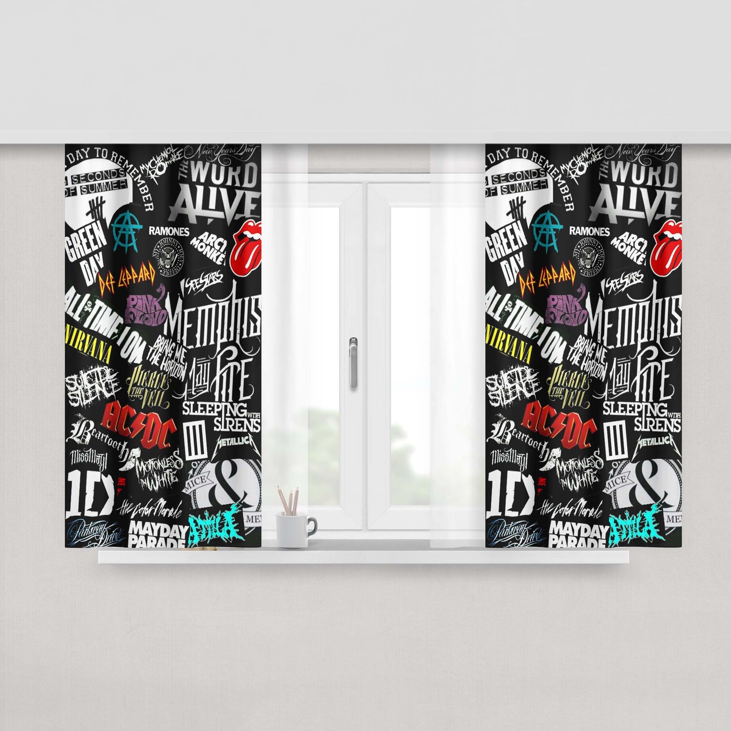 All Rock Band Legends Logo Collage Peach Skin Window Curtains