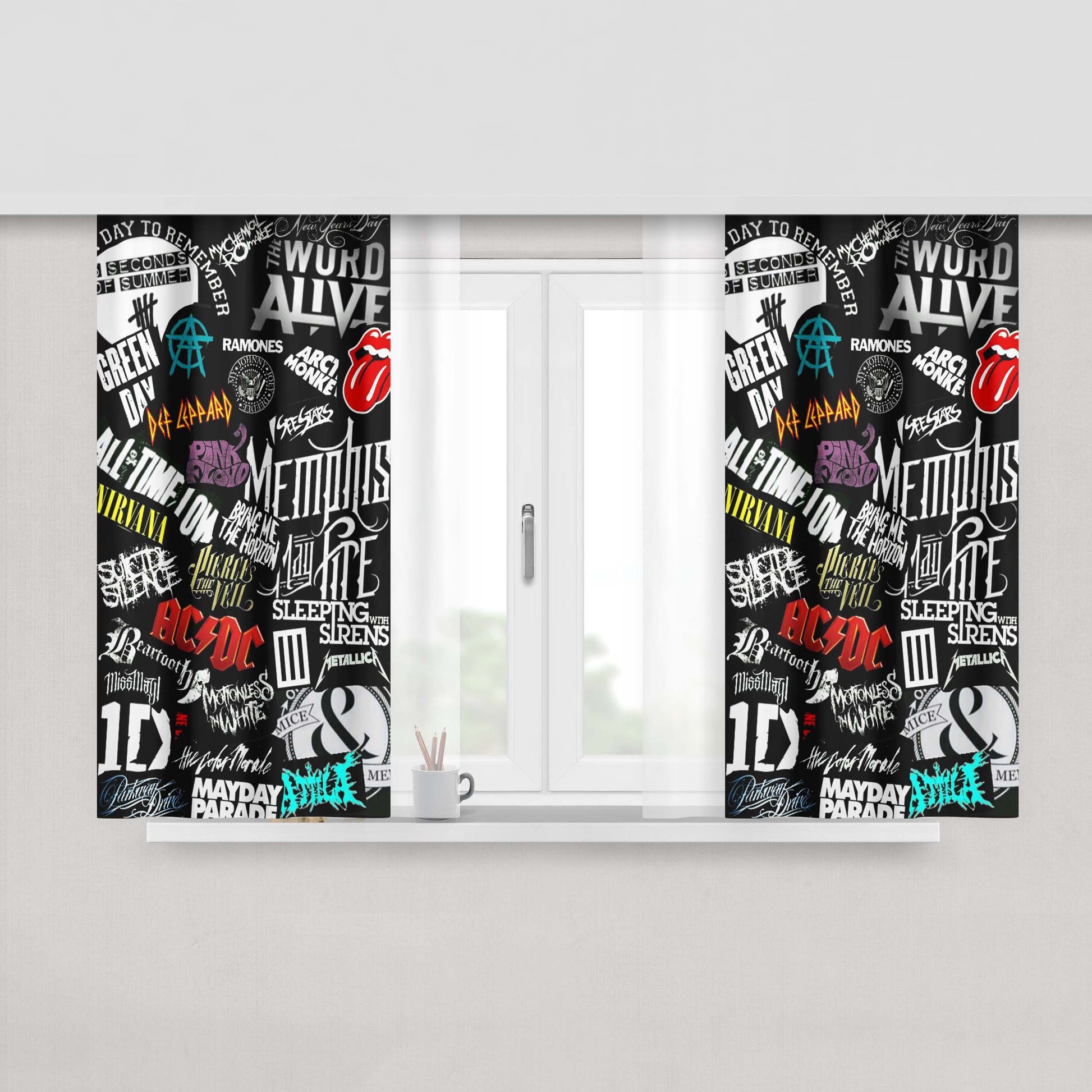All Rock Band Legends Logo Collage Peach Skin Window Curtains