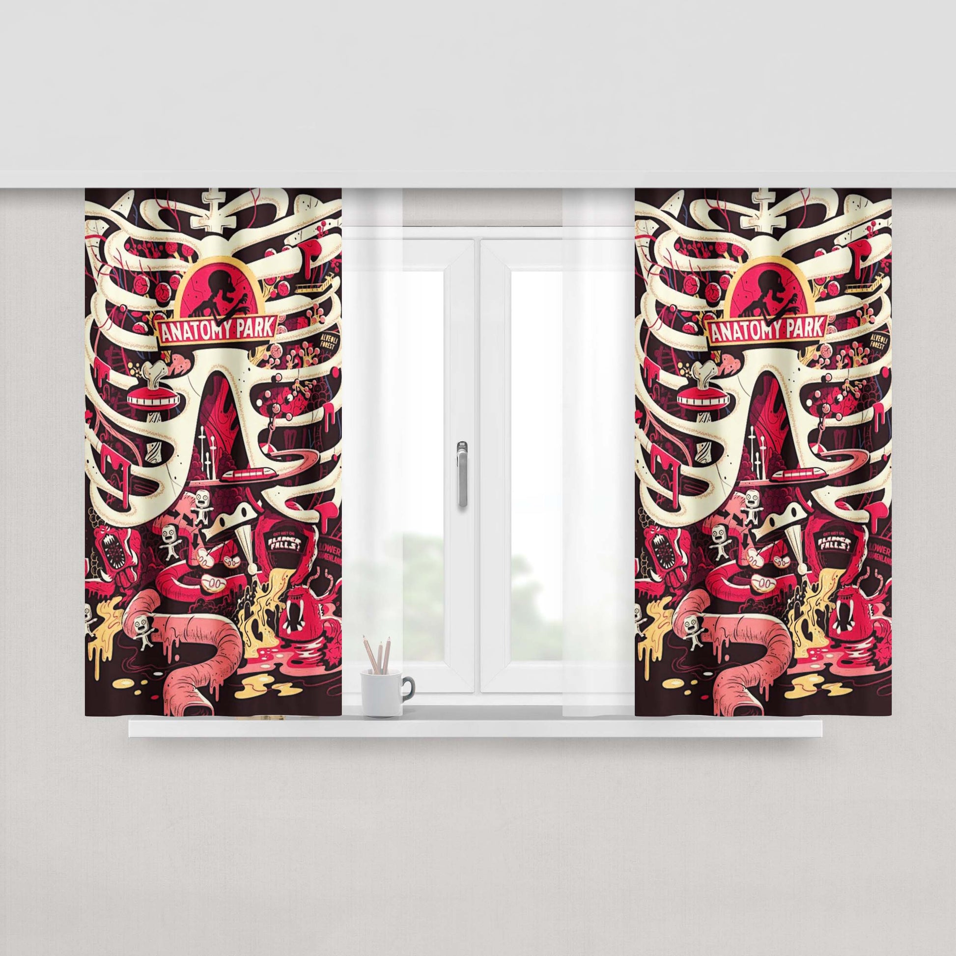 Anatomy Park Doodle Art Rick And Morty Peach Skin Window Curtains