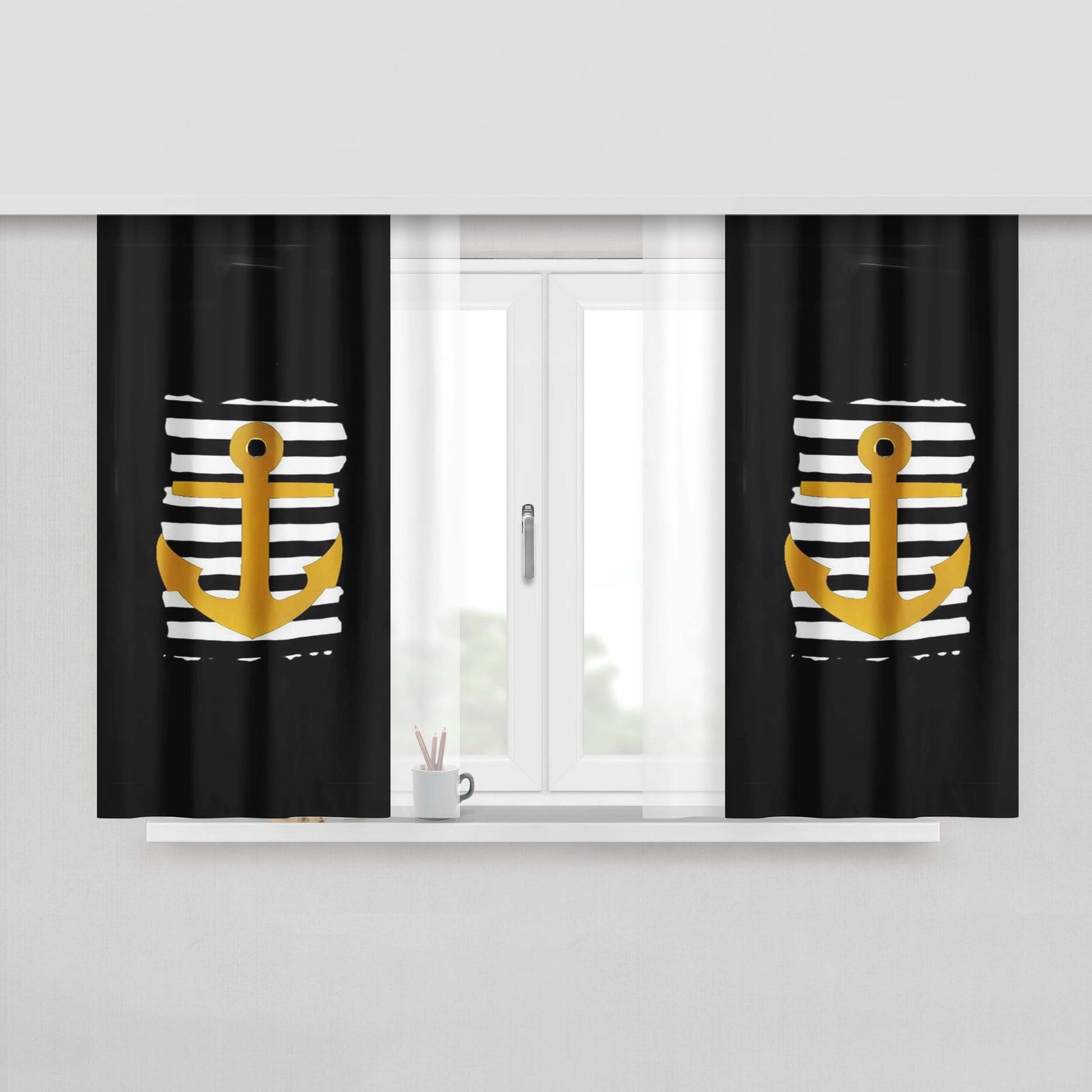 Anchor Maritime Graphic With Stripes Stretchy Gold Peach Skin Window Curtains