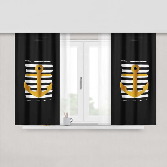 Anchor Maritime Graphic With Stripes Stretchy Gold Peach Skin Window Curtains