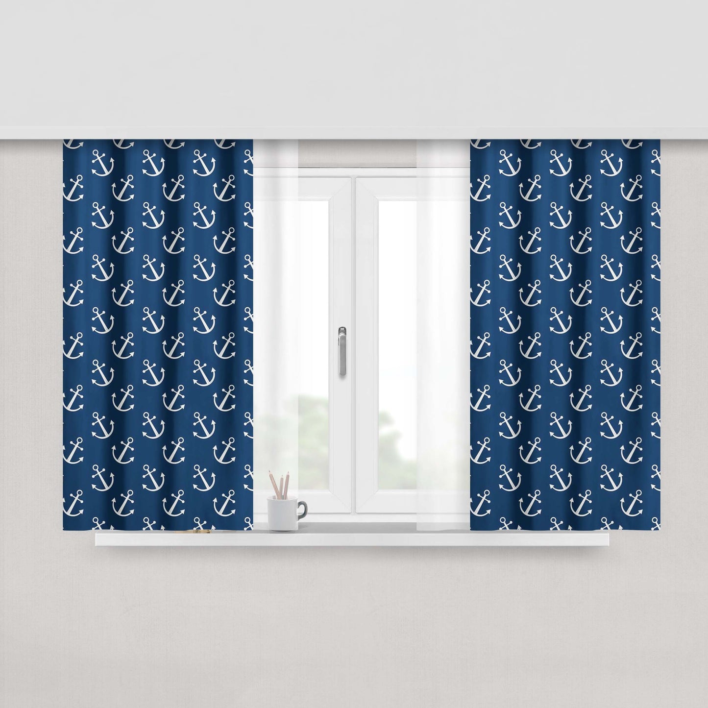Anchor Maritime Graphic With Stripes Stretchy Peach Skin Window Curtains