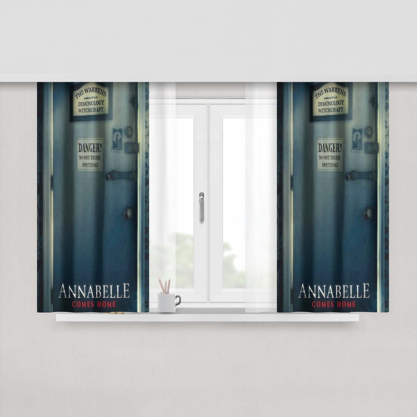 Annabelle Comes Home Poster Cartoon Illustration Peach Skin Window Curtains