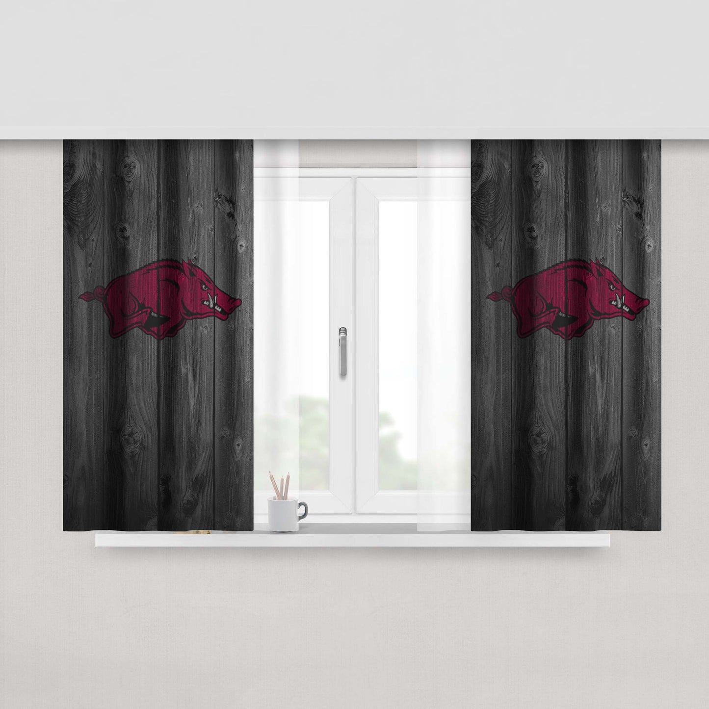 Arkansas Razorbacks Hogs Logo Dark Wood Wallpaper Peach Skin Window Curtains