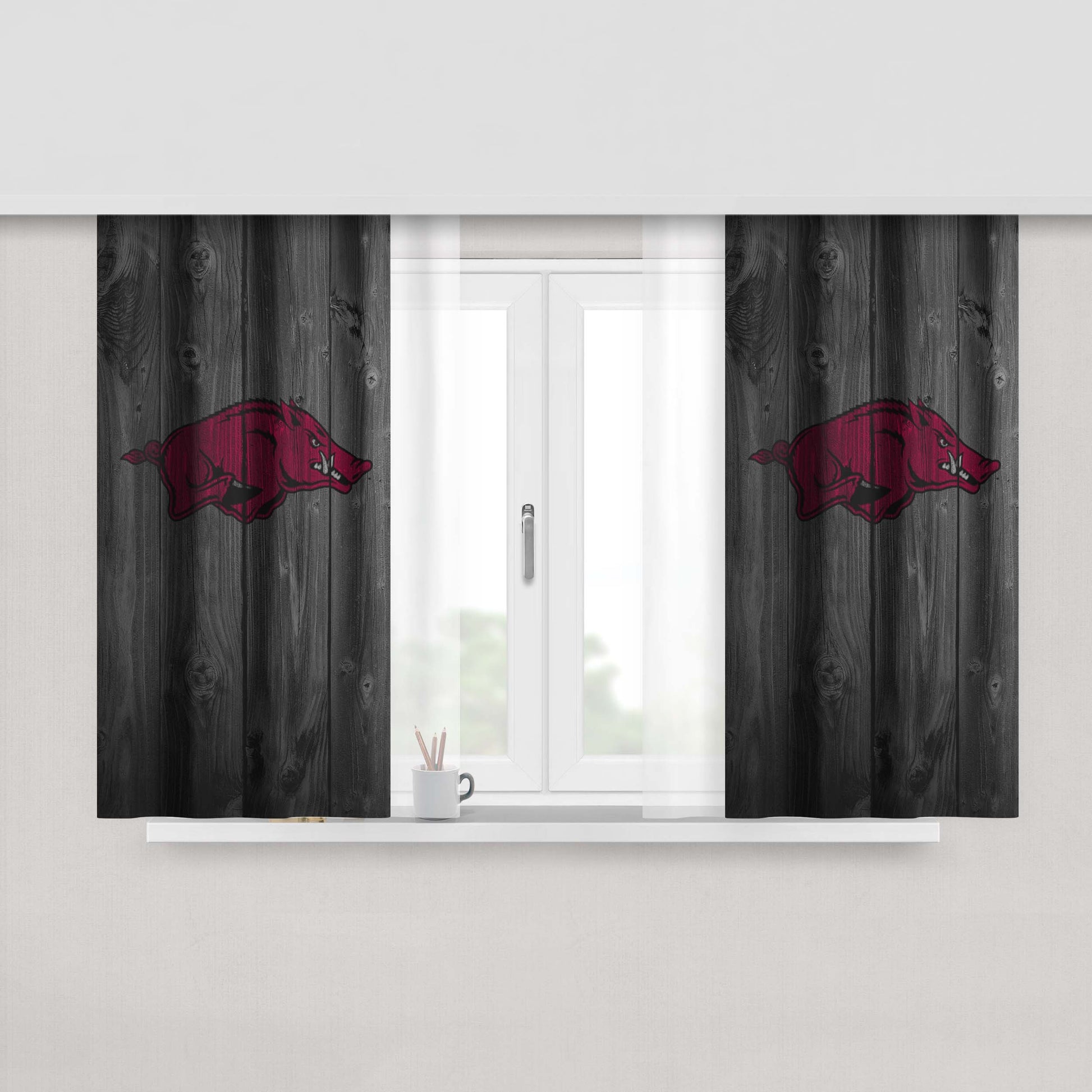 Arkansas Razorbacks Hogs Logo Dark Wood Wallpaper Peach Skin Window Curtains