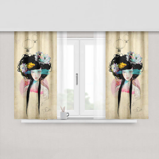 Art Coustic Fish And Woman Peach Skin Window Curtains